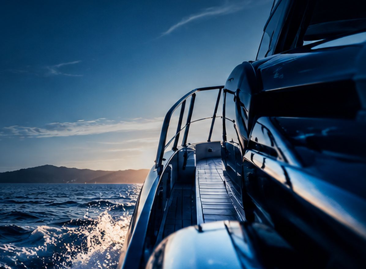 Proa de un yate navegando al atardecer